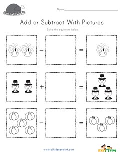 Thanksgiving Addition and Subtraction Drawing Worksheet