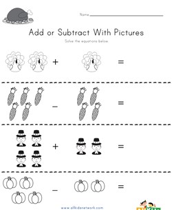Thanksgiving Addition and Subtraction with Pictures Worksheet