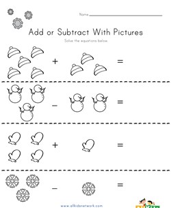 Winter Addition and Subtraction with Pictures Worksheet