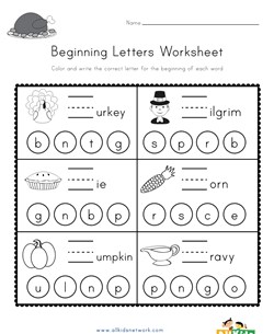 Thanksgiving Beginning Letters Worksheet
