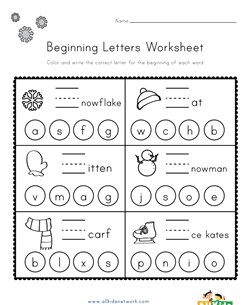 Winter Beginning Letters Worksheet