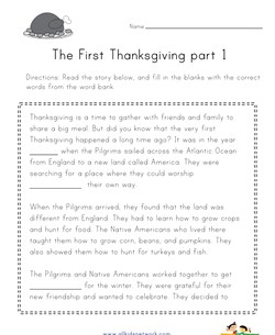 Thanksgiving Cloze Reading Worksheet