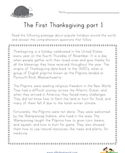 The First Thanksgiving History Reading Comprehension Worksheet