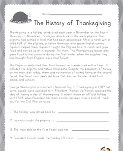 Thanksgiving Reading Worksheet