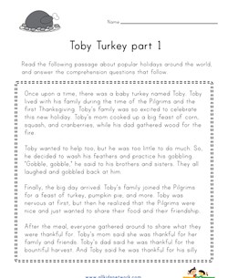 Toby Turkey Thanksgiving Reading Comprehension Worksheet