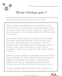 Winter Holidays Around the World: Reading Comprehension Worksheet