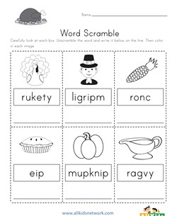 Thanksgiving Word Scramble Worksheet