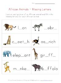african animals missing letters worksheet
