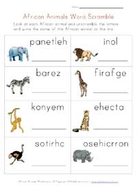africa animals worksheet - word scramble