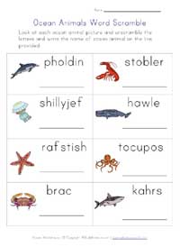 ocean animals worksheet - word scramble