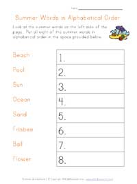 summer words alphabetical order