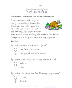 thanksgiving reading comprehension worksheet