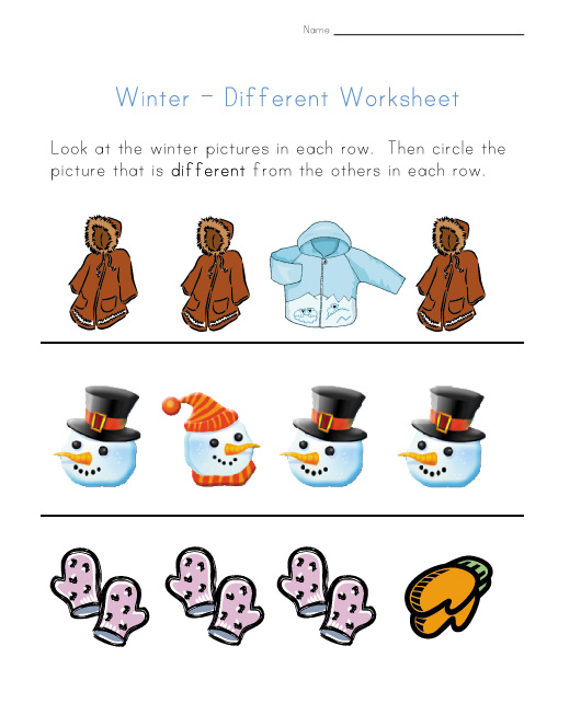 winter themed different worksheet
