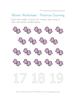 Mittens Counting Worksheet - Number Nineteen