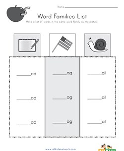 Word Family List Worksheet (-ad, -ag and -ail)