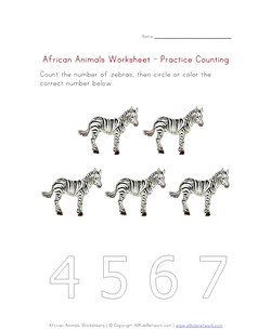 Counting Worksheet - Number Five - Savanna Animals Theme