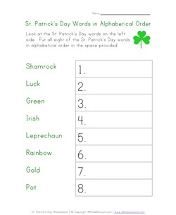 St. Patrick's Day Alphabetical Order Worksheet